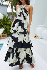 Elegant Floral Print Lace Up Backless Flounce Halter Cake Skirt Dresses