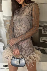 Elegant Mesh Tinsel Feather Hemline O Neck Mini Dresses