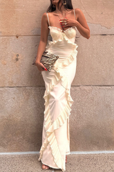 Sexy Solid Color Patchwork Ruffle V Neck Sling Dresses