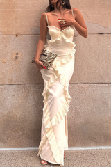 Sexy Solid Color Patchwork Ruffle V Neck Sling Dresses