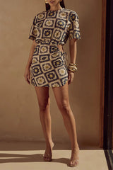 Casual Geometric Print Hollow Out Draw String O Neck Mini Short Sleeve Dress