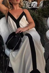 Casual Stripe Patchwork Contrast V Neck Sling Dresses