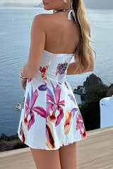 Sexy Graffiti Print Patchwork Contrast Halter Printed Dresses