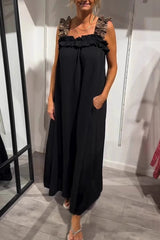 Casual Leopard Pocket Patchwork Flounce Square Neck Long Dresses(8 Colors)