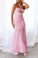 Casual Jacquard Lace Up Halter Long Dresses