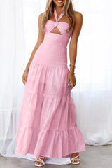 Casual Jacquard Lace Up Halter Long Dresses