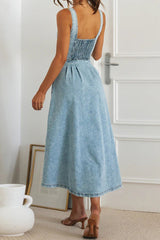 Elegant Solid Color Buttons Patchwork V Neck Sleeveless Denim Dresses