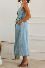 Elegant Solid Color Buttons Patchwork V Neck Sleeveless Denim Dresses
