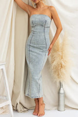 Sexy Solid Color Slit Zipper Strapless Sleeveless Skinny Denim Dresses