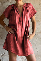 Casual Solid Color Patchwork Ruched V Neck Short Sleeve Short Sleeve Dress