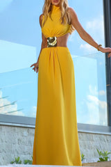 Sexy Solid Color Hollow Out Metal Accessories Trim Turtleneck Long Dresses