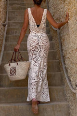 Sexy Solid Color Hollow Out V Neck Long Dresses