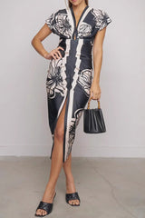 Casual Flowers Print Slit Ruched Contrast V Neck A Line Short Sleeve Dress