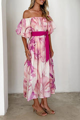 Elegant Floral Print Lace Up Off Shoulder A Line Dresses