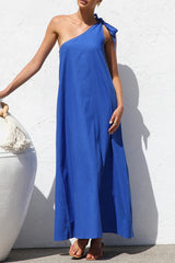 Casual Solid Color Lace Up Sloping Shoulder Irregular Dresses