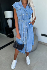Casual Solid Color Buckle Turndown Collar Sleeveless Loose Denim Dresses
