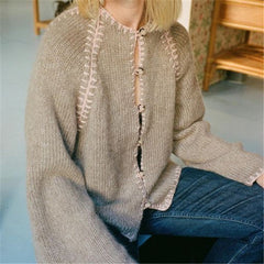 Pydshop Women Button Down Cardigan Sweater Y2k Color Block Round Neck Long Sleeve Tops Chunky Knit Fall SweatersChristmas Gifts1225Christmas Gifts