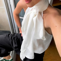 Pydshop Fashion Elegant White Bow Lace Up Halter Neck Vest Top Women's Sleeveless Turtleneck Summer New Vest Pullover StreetwearChristmas Gifts