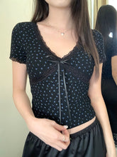 Pydshop Korean Kawaii Lace Patchwork Women T-shirt Y2K Aesthetic Vintage Floral Top Bow Knot V-neck Short Sleeve Crop Top Elastic Slim