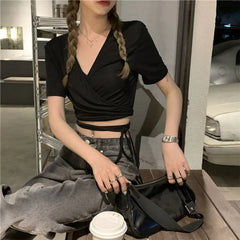 Pydshop Summer Casual Tee Tops Women T shirts Solid V-neck Sexy Cropped Top Cross Tie-Up Harajuku Basic Korean Street T-shirts mujer Y2k