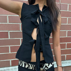 Pydshop Sexy Crop Top Sleeveless Slim Fit Bandage Hollow Out Women's Beach Party Tank Top Solid Color Fashion Hot Girl T-ShirtChristmas Gifts