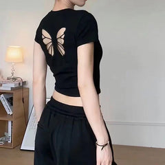 Pydshop Fashion Women T-shirt Short Sleeve O Neck Solid Slim Fit Ladies Crop Top Butterfly Hollow Backless for Casual Tops Summer 2024