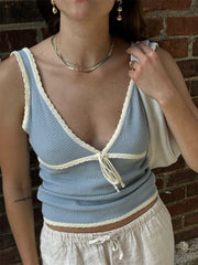 Pydshop Retro Deep V Neck Crop Top Women Y2k Ruffle Vintage Tank Tops Womens Tie Up Bow Knitted Woman Backless Cute Tops 2024 New