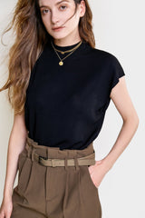 Pydshop Black Rib-Knit Mock Neck Cap Sleeve Top