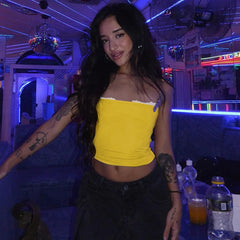 Pydshop Sexy Slim Navel-baring Strapless Tube Top Hot Girl 2024 New Fashion Splice Sleeveless Adjustable Shoulder Strap Tank Top