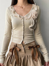 Pydshop 2024 Fashion Woman tops y2k style Sweet Slim Floral Ruffles Buttons V Neck Top