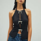 Pydshop Sexy Jewelry Bow Cut Out Lace Up Crop Top Womens Sleeveless Strapless Hot Girl Club Party Top Slim Solid Navel Short TopChristmas Gifts