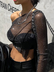 Pydshop Sheer Mesh Crop Top Tee Summer See-Through Streetwear One-Shoulder Tops For Women Slim Cropped Mesh Lace Black T-ShirtChristmas Gifts