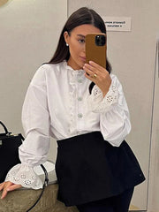 Pydshop Retro Diamond Ruffled Shirt For Women Stand Color White Top Casual Fashion Flare Long Sleeve Single Breasted Lady Blouses