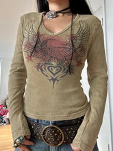 Pydshop 2024 Fashion Woman tops y2k style Khaki Graphic Printed Long Sleeves Slim Top