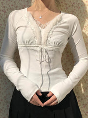 Pydshop 2024 Fashion Woman tops y2k style White Faux Fur Spliced Ruched Lace Top