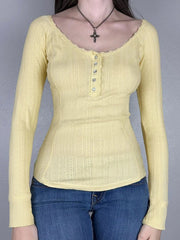 Pydshop 2024 Fashion Woman tops y2k style Yellow Bright Lace Trim Buttons Knit Top