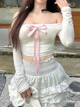 Pydshop 2024 Fashion Woman tops y2k style Sweet Off Shoulder Bow Crop Top
