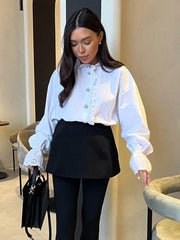 Pydshop Retro Diamond Ruffled Shirt For Women Stand Color White Top Casual Fashion Flare Long Sleeve Single Breasted Lady Blouses
