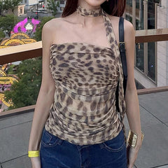 Pydshop Leopard Print Crop Top Women Mesh Sleeveless Sexy Tube Summer Vintage Halter Tank Top Backless Sexy Party Tops For Ladies