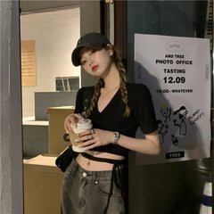 Pydshop Summer Casual Tee Tops Women T shirts Solid V-neck Sexy Cropped Top Cross Tie-Up Harajuku Basic Korean Street T-shirts mujer Y2k