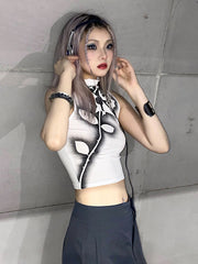 Pydshop Gothic Rose Print Tank Top Aesthetic Y2K Crop Top Sleeveless Vest Harajuku Streetwear Black Summer Tops Women Slim Clothes