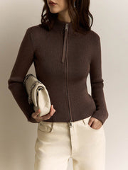 Pydshop Zipper Slim Knitted Cardigan Female Stand Collar Long Sleeve Top High Waist 2025 New Rib Sweater Bottoming Ladies SolidChristmas Gifts