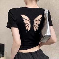 Pydshop Fashion Women T-shirt Short Sleeve O Neck Solid Slim Fit Ladies Crop Top Butterfly Hollow Backless for Casual Tops Summer 2024