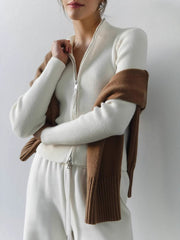 Pydshop Zipper Slim Knitted Cardigan Female Stand Collar Long Sleeve Top High Waist 2025 New Rib Sweater Bottoming Ladies SolidChristmas Gifts