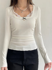 Pydshop 2024 Fashion Woman tops y2k style Casual White Bow Lace Trim Top