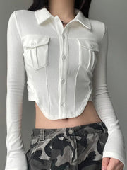 Pydshop 2024 Fashion Woman tops y2k style White Knit Ribbed Pockets Crop Blouses