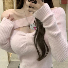 Pydshop 2024 Spring Elegant Pullover Women Casual Solid Korean Style Long Sleeve Knitted Sweater Sweet Soft Sweater Female Y2K Crop Tops