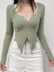 Pydshop 2024 Fashion Woman tops y2k style Retro Sweet Bow Irregular Knit Top