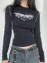 Pydshop 2024 Fashion Woman tops y2k style Vintage Black Printed Long Sleeves Top