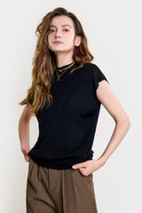 Pydshop Black Rib-Knit Mock Neck Cap Sleeve Top